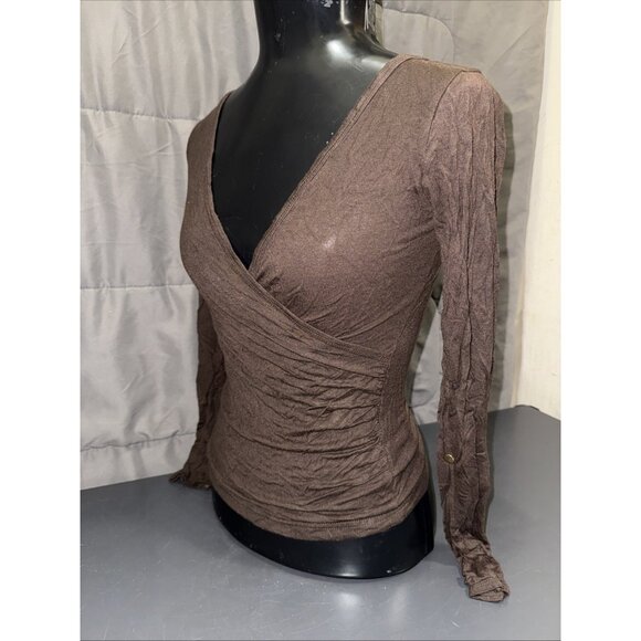 H&M Womens XS Cross Front Long Sleeve Wrap Blouse Stretch V-Neck Brown Top - Picture 1 of 14